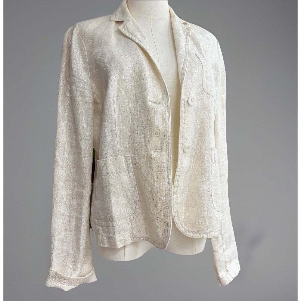J. Crew 2009 Womens Ivory Cream Silver Lurex Metallic Linen Blazer Size M Jacket